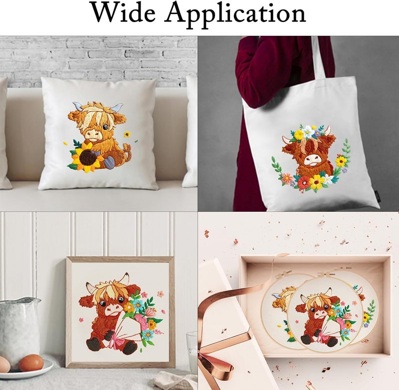 Nuberlic Highland Cow Embroidery Kit 3 Pack Embroidery Kits for Adults Beginners Starter Cross Stitch Kit Set with Floral Designs - Perfect DIY Gift - Image 3